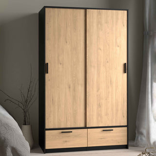 Line Wardrobe with 2 Doors 2 Drawers in Black and Jackson Hickory Oak - Giant Lobelia