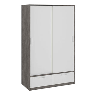 Line Wardrobe with 2 Doors 2 Drawers in White and Concrete - Giant Lobelia