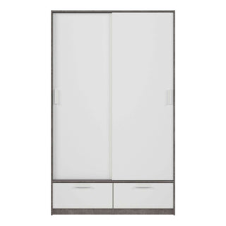 Line Wardrobe with 2 Doors 2 Drawers in White and Concrete - Giant Lobelia