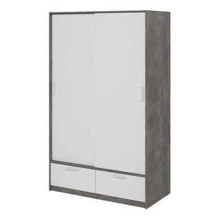 Line Wardrobe with 2 Doors 2 Drawers in White and Concrete - Giant Lobelia