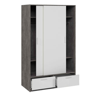 Line Wardrobe with 2 Doors 2 Drawers in White and Concrete - Giant Lobelia