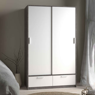 Line Wardrobe with 2 Doors 2 Drawers in White and Concrete - Giant Lobelia