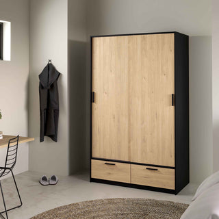 Line Wardrobe with 2 Doors 2 Drawers in Black and Jackson Hickory Oak - Giant Lobelia