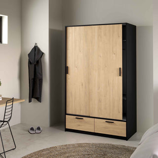 Line Wardrobe with 2 Doors 2 Drawers in Black and Jackson Hickory Oak - Giant Lobelia