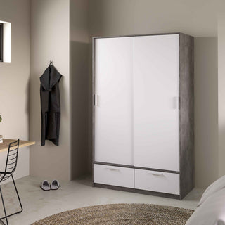 Line Wardrobe with 2 Doors 2 Drawers in White and Concrete - Giant Lobelia