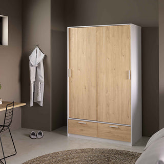 Line Wardrobe with 2 Doors 2 Drawers in White and Jackson Hickory Oak - Giant Lobelia