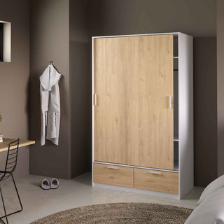 Line Wardrobe with 2 Doors 2 Drawers in White and Jackson Hickory Oak - Giant Lobelia