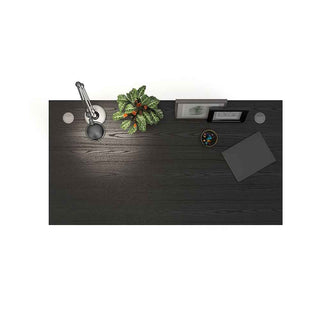 Desk 150cm in Black Woodgrain with Height Adjustable Legs with Electric Control in White - Giant Lobelia