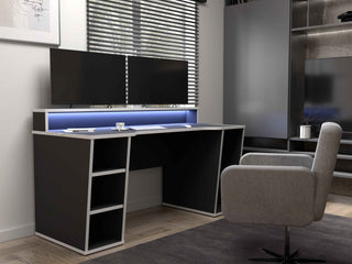 Black Gaming Desk with White Trim and Colour Changing LED - Giant Lobelia