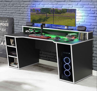 Black Gaming Desk with White Trim and Colour Changing LED - Giant Lobelia