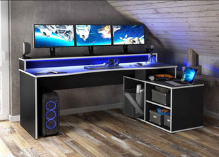 Black Storage Gaming Desk 3 Shelves with Colour Changing LED - Giant Lobelia