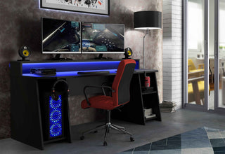 Wide Black Gaming Desk with Colour Changing LED - Giant Lobelia